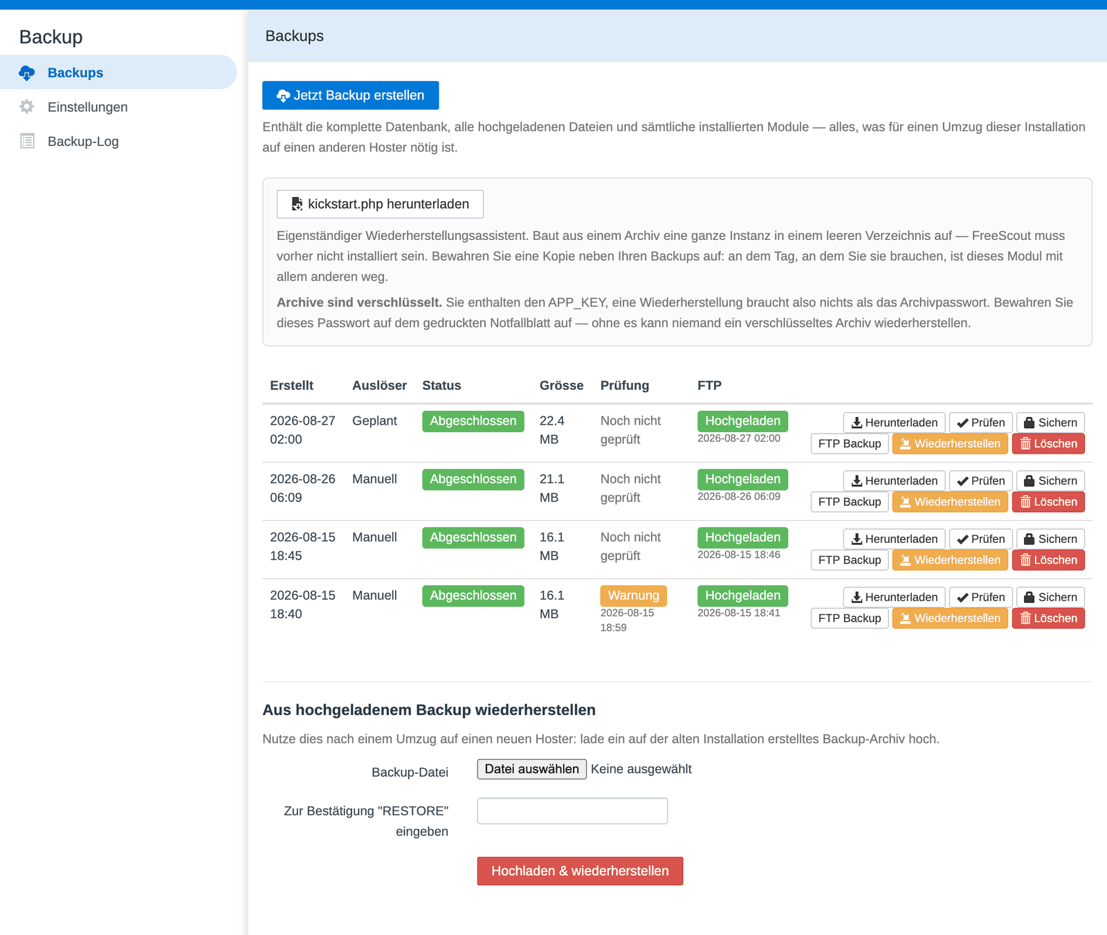 The overview: create a backup, validate it, restore it or download it